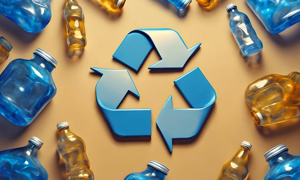 Recyclage logo met rondom plastic verpakkingen